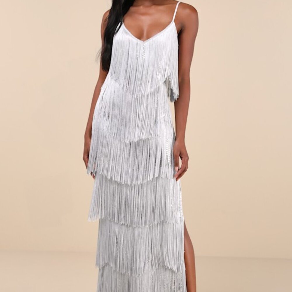 Lulus Get In The Groove Silver Sequin Fringe Bodycon Maxi Dress - Size XL